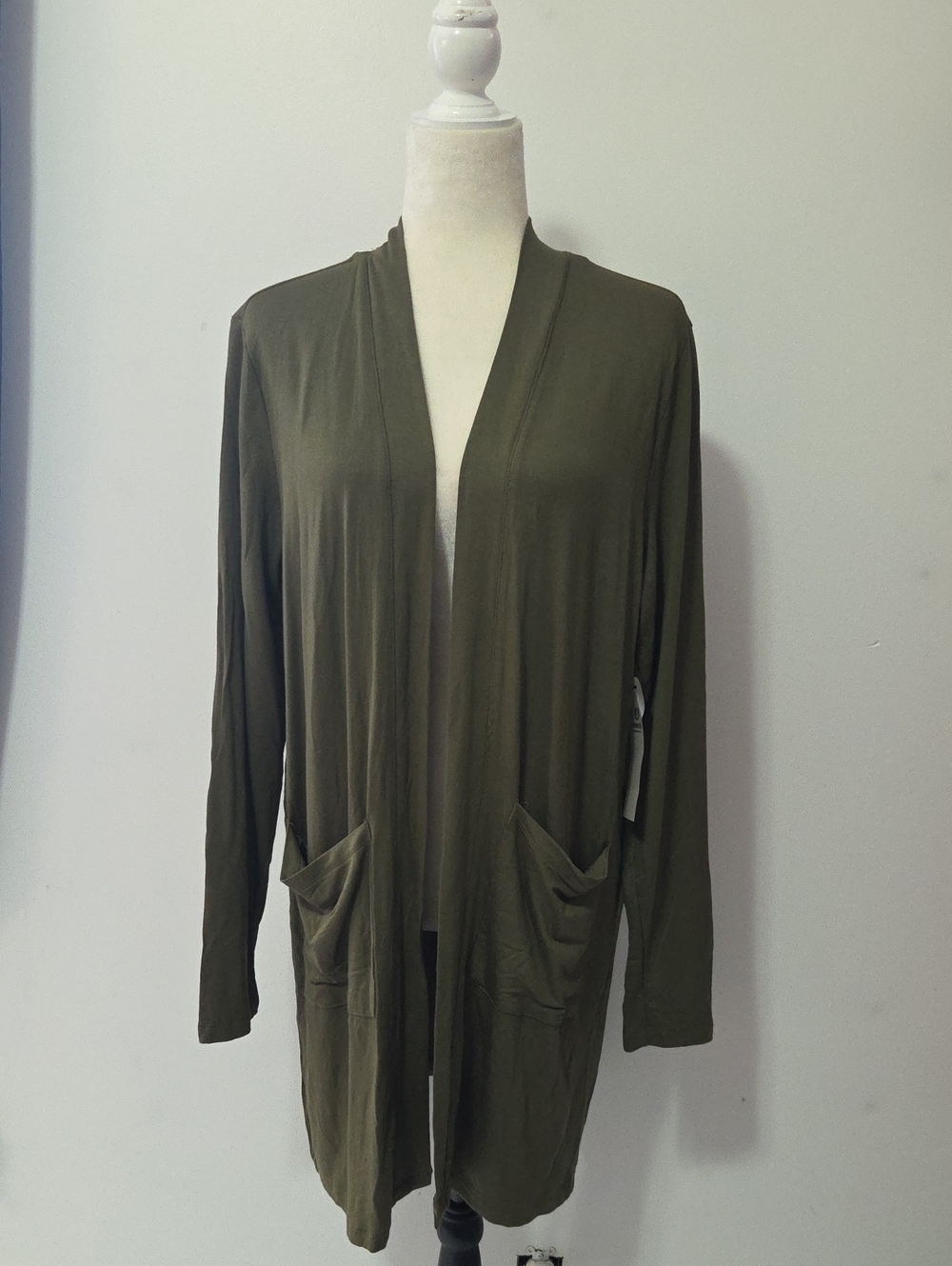 Mona B Olive Open-Front Long Sleeve Pocket Cardigan